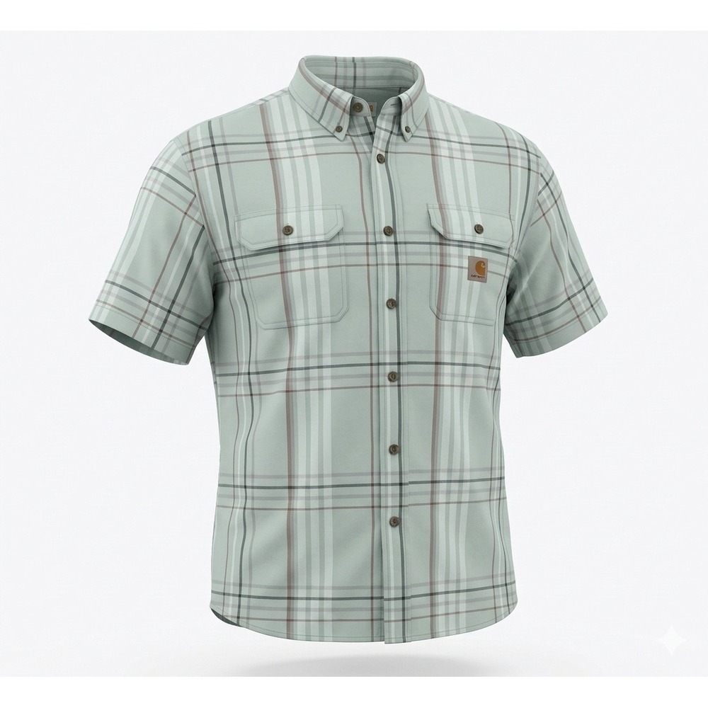 Carhartt Men's Loose Fit Midweight Short Sleeve Sage Green Plaid Shirt. Size 2XL